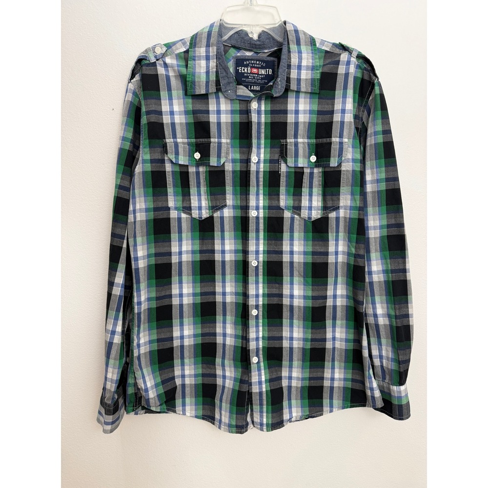 VTG Ecko Unltd Button Up Shirt Men L Plaid Green Black Blue Pocket Y2K Epaulets